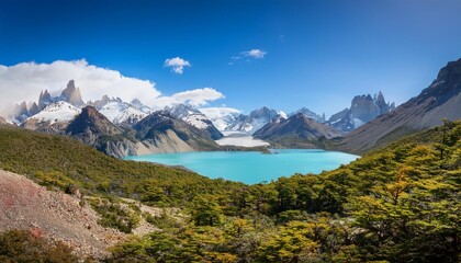 Fototapeta premium The Untouched Wilderness of Patagonia in Argentina and Chile, Featuring Rugged Mountain Peaks, Glacial Valleys, and Crystal-Clear Lakes, a Paradise for Nature Lovers