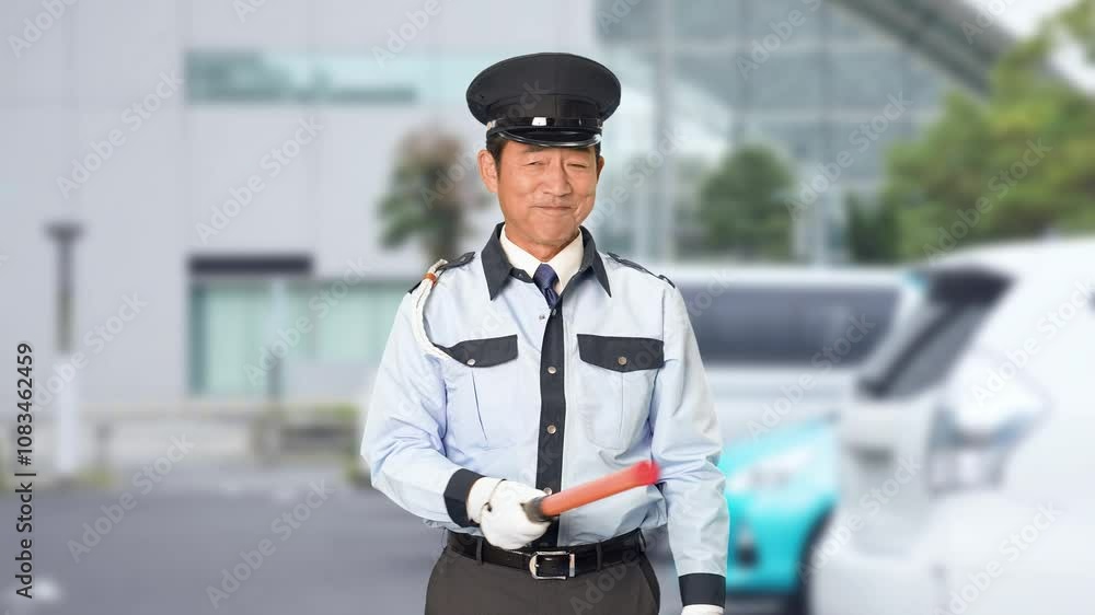 Aufkleber 警備員、交通整理、誘導、警備、警察官、警察、男性、交通、道路、安全、誘導灯、工事現場、建設、駐車場、案内、通行止め、検問、規制、セキュリティ、警備会社、防犯、職業、仕事、アルバイト、中年、ミドルエイジ、日本人、取り締まり、見守り、ガイド、笑顔、制服、イベント、守衛、管理人、通行、働く、片側交互通行、工事、事件、事故、スローモーション、駐車、自動車、パーキング、ビル、施設、都市、入場、人物