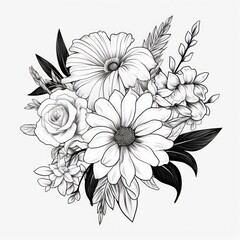 bunch flowers black and white sketch on white background outline springtime