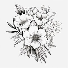 bunch flowers black and white sketch on white background outline botany