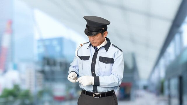 警察官、警察、パトロール、警官、手錠、逮捕、犯罪、違法、違反、法律、リスク、危険、権利、お巡りさん、交番、巡査、職業、仕事、アルバイト、中年、ミドルエイジ、男性、日本人、見回り、監視、取り締まり、拘束、拘置所、留置所、連行、職質、職務質問、現行犯、窃盗、痴漢、詐欺、警告、刑事、事件、刑法、警戒、スローモーション、駅、駅前、都市、治安、社会、都会、繁華街、人物