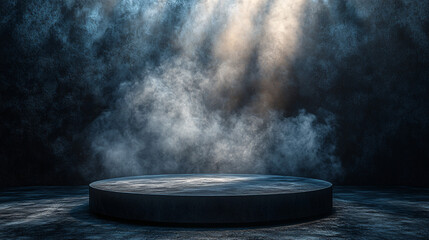 Enigmatic dark stage with a spotlighted podium and swirling mist, ideal for theatrical productions, product launches, or Halloween-themed events.