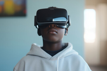  boy wearing a virtual reality headset is looking at a colorful background. Concept of excitement and wonder as the boy explores a new world through the VR headset