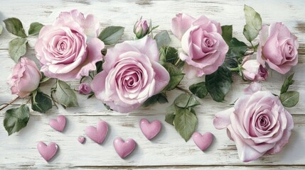 Bouquet of pink roses with hearts on white wooden texture