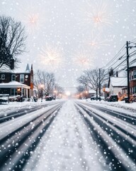 Snowy street celebration residential area winter scene festive landscape serenity