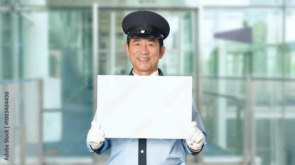 Aufkleber 警備員、男性、警察、グリーンバック、警察官、メッセージ、ボード、フリップ、日本人、笑顔、歓迎、出迎え、案内、ガイド、告知、お知らせ、白紙、カード、セキュリティ、警備、警備会社、防犯、防災、制服、守衛、職業、仕事、アルバイト、中年、ミドルエイジ、パトロール、交通安全、取り締まり、見守り、安全、安心、教室、説明、紹介、広告、宣伝、標語、スローガン、スローモーション、ビル、施設、役所、エントランス、入口