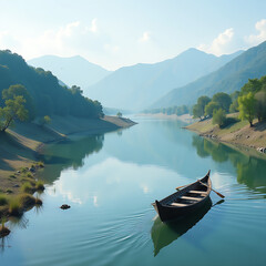Obraz premium 26. A peaceful Korean river landscape, with traditional fishing nets set up along the banks, a small wooden boat drifting on the water, and mountains in the distance