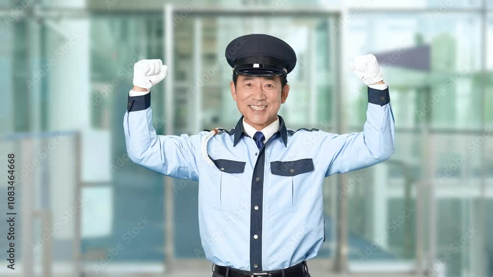 Poster 警察官、警備員、男性、セキュリティ、制服、警察、パトロール、ガッツポーズ、元気、やる気、パワフル、気合い、警備、日本人、中年、ミドルエイジ、職業、仕事、アルバイト、警備会社、防犯、防災、守衛、ガードマン、門番、巡回、監視、取り締まり、見守り、安全、交番、チャレンジ、挑戦、目標、表彰、賃上げ、やりがい、パワー、嬉しい、喜ぶ、楽しい、スローモーション、ビル、エントランス、施設、ホール、駅、通路、イベン