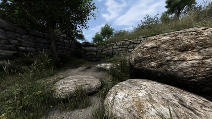 A serene outdoor scene featuring rocks, grass, and trees under a cloudy sky.