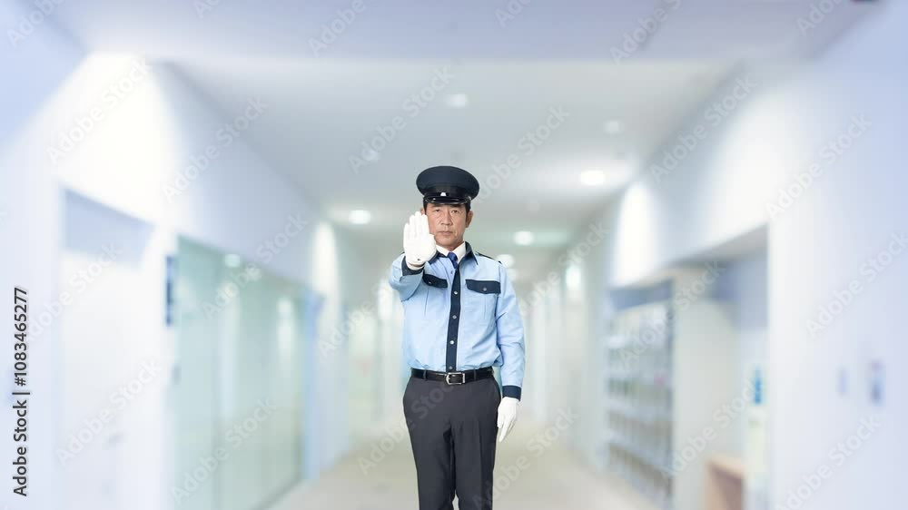 Fototapete 警察官、警察、パトロール、警備員、ストップ、警備、禁止、通行止め、規制、警官、全身、止める、停止、制止、セキュリティ、警備会社、防犯、防災、制服、守衛、ガードマン、門番、見張り、保安、ボディガード、見回り、巡回、監視、取り締まり、見守り、安全、違反、違法、ルール、立入禁止、ダメ、お断り、NG、工事、建設、危険、スローモーション、通路、病院、ビル、施設、役所、エントランス、入口、人物