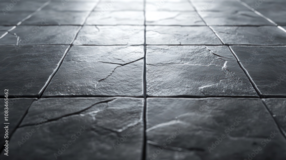 Poster dark gray stone tile floor with subtle cracks and perspective