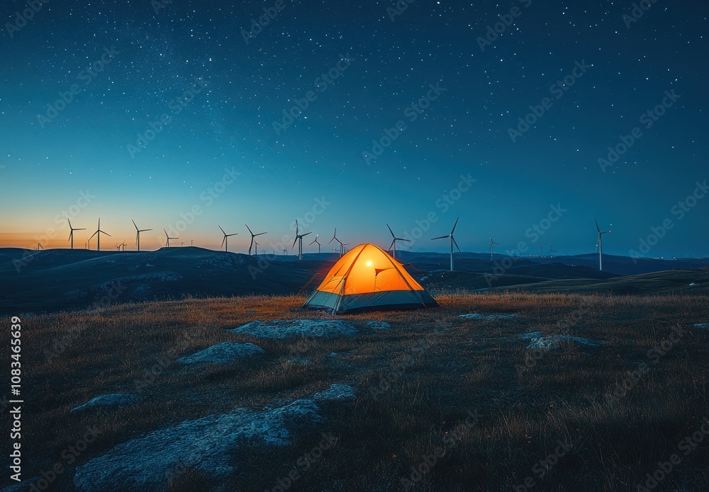 Poster here's a and keyword list for your image.. illuminated tent on hilltop at night, wind turbines in ba