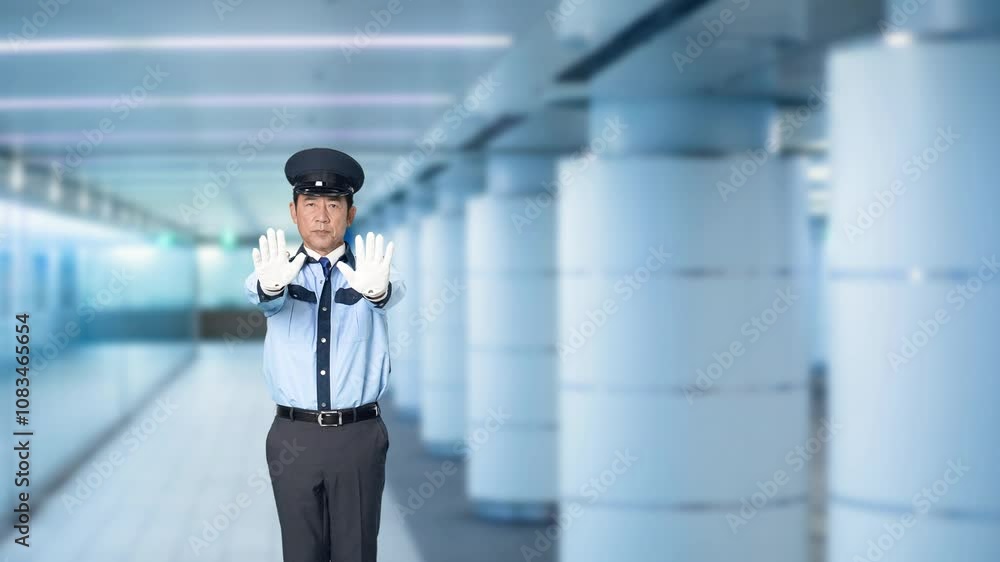 Leinwandbilder 警察官、警察、パトロール、警備員、ストップ、警備、禁止、通行止め、規制、警官、全身、止める、停止、制止、セキュリティ、警備会社、防犯、防災、制服、守衛、ガードマン、門番、見張り、保安、ボディガード、見回り、巡回、監視、取り締まり、見守り、安全、違反、違法、ルール、立入禁止、ダメ、お断り、NG、工事、建設、危険、ギャラリー、スローモーション、地下、通路、駅、駅員、地下鉄、地下道、人物