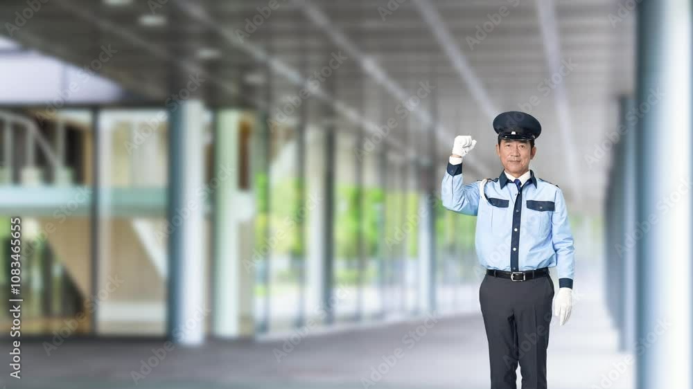 Leinwandbilder 警察、警察官、セキュリティ、男性、パトロール、ガッツポーズ、警備員、日本人、全身、警備、やる気、元気、パワフル、パワー、モチベーション、努力、頑張る、信頼、安全、安心、制服、警備会社、防犯、防災、守衛、ガードマン、門番、見張り、保安、ボディガード、交通整理、工事現場、建設、働く、仕事、アルバイト、見守り、サクセス、成功、挑戦、チャレンジ、スローモーション、ビル、エントランス、施設、ホール、駅、通路