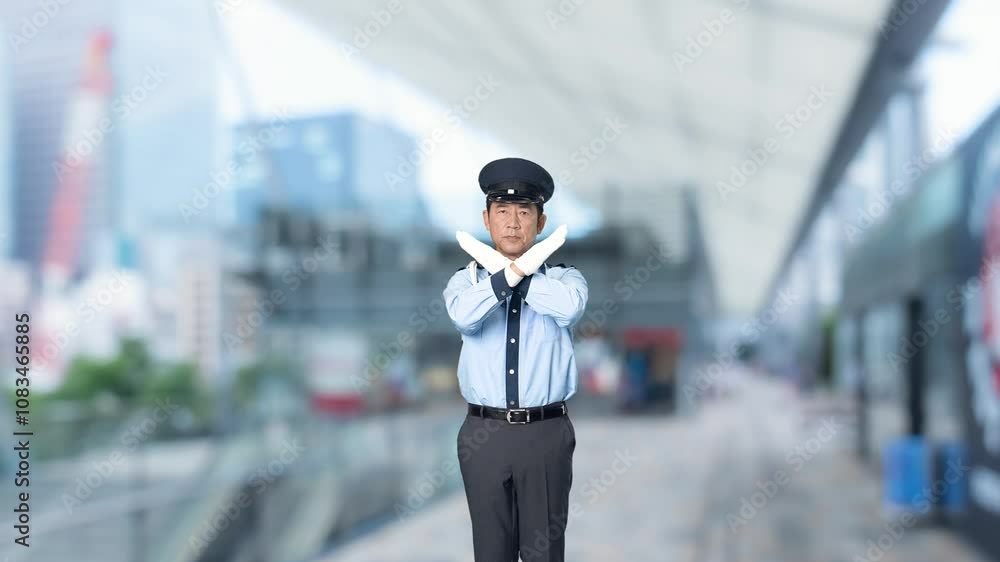 Poster 警察官、男性、警備員、禁止、ストップ、バツ、違反、違法、ダメ、取り締まり、警備、セキュリティ、危険、リスク、立入禁止、日本人、罰則、法律、ルール、全身、警備会社、防犯、防災、制服、守衛、ガードマン、門番、見張り、パトロール、監視、麻薬、覚醒剤、厳禁、間違い、NG、禁煙、お断り、通関、検問、仕事、規制、スローモーション、駅、駅前、都市、治安、社会、都会、繁華街、人物