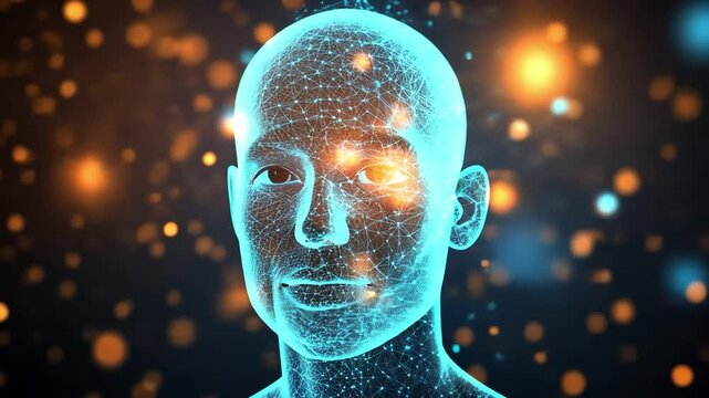 Digital Mind: A captivating, abstract portrait of a human face rendered in shimmering digital particles, evoking concepts of artificial intelligence, consciousness, and the future of humanity.  