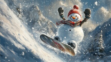 Naklejka premium Snowboard Snowman: A Joyful Descent in a Blizzard