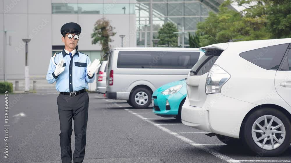 Fototapete ダンス、警察官、警察、踊る、警官、警備員、警備、パーティー、コスプレ、お笑い、コメディ、全身、ギャグ、ふざける、制服、ハロウィン、セキュリティ、警備会社、防犯、防災、守衛、ガードマン、門番、職業、仕事、アルバイト、見張り、保安、ボディガード、交通整理、楽しい、男性、日本人、眼鏡、メガネ、面白い、パーティーグッズ、コメディアン、芸人、コント、漫才、スローモーション、駐車場、駐車、自動車、パーキング、