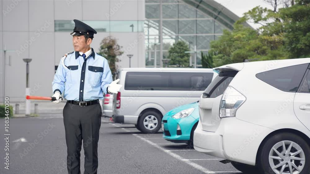 Leinwandbilder 警察官、男性、警察、警備員、交通整理、警備、工事現場、セキュリティ、全身、検問、誘導、誘導灯、案内、駐車場、交通、通行止め、規制、日本人、警備会社、防犯、防災、制服、職業、仕事、アルバイト、ミドルエイジ、シニア、パトロール、監視、取り締まり、安全、シルバー人材、笑顔、事故、事件、工事、帽子、建設、管理、警戒、道路、スローモーション、駐車、入場、自動車、パーキング、ビル、施設、都市、人物