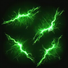 green set of electric thunder bolts lights effects isolated black background magical sorcery plasma