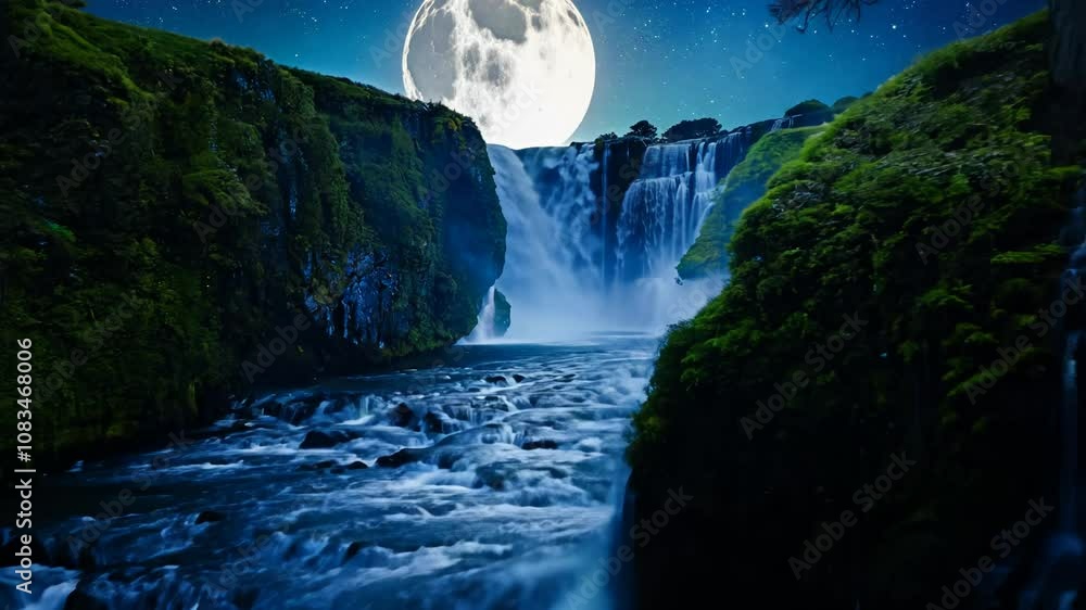 Poster zooming in on a moonlit waterfall cascading down a moss-covered cliff at night, creating a mystical 