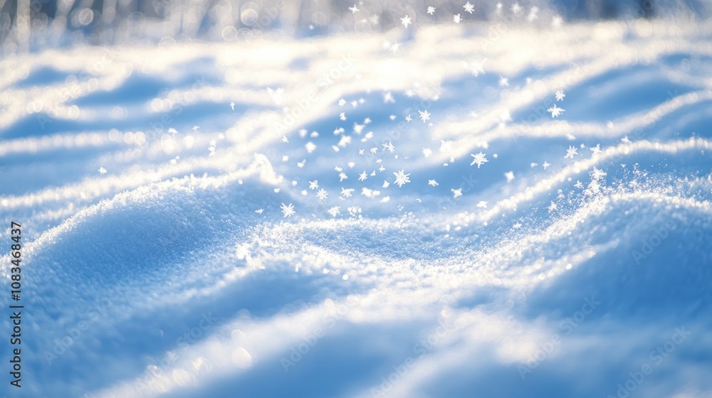 Poster snowflakes falling on a snowy field with a blue sky background