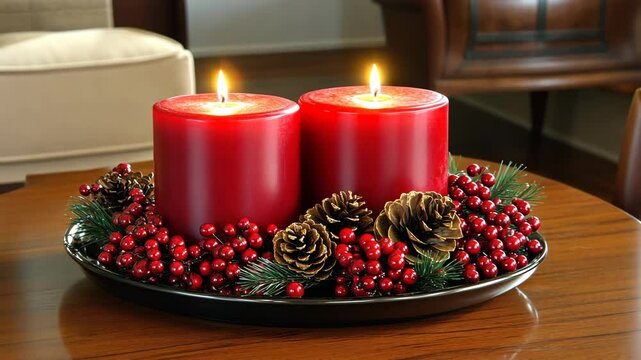 A dark brown tray holds two pillar candles, red and burning