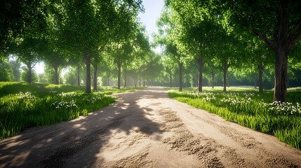 Obraz premium A serene dirt path through a lush green forest, illuminated by soft sunlight.