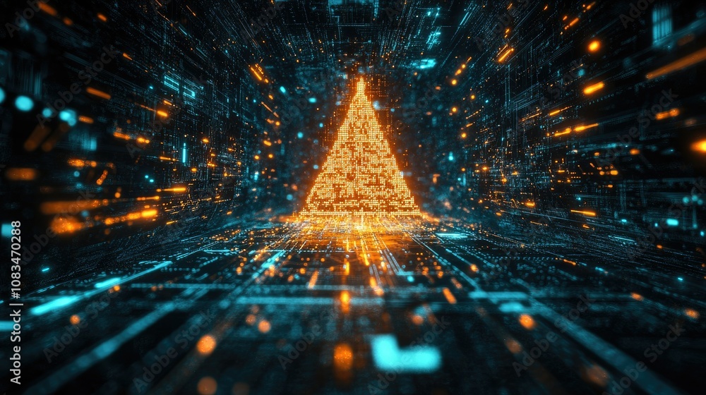 Poster futuristic christmas tree in a digital landscape with glowing particles and data streams representin