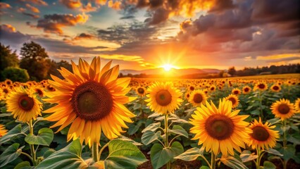 Obraz premium Breathtaking Sunset Over a Field of Glowing Orange Sunflowers in Warm Light