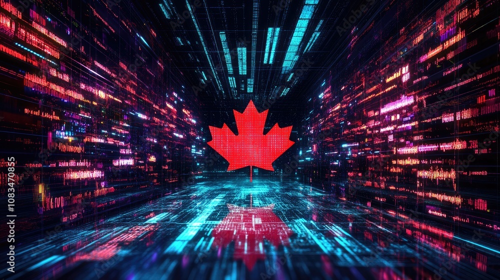 Poster digital abstract background featuring a stylized canadian maple leaf surrounded by colorful neon lig