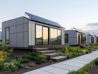 Obraz premium Sustainable living eco-homes mountain valley architecture outdoor perspective modern design