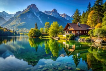 Obraz premium Serene Lake House with Majestic Mountains in the Background - Tranquil Landscape Photography