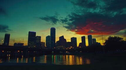 Fototapeta premium Silhouetted Cityscape with Red Sunset Clouds and Water Reflection
