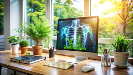 Fototapeta premium Chest X-ray Analysis in a Serene Workspace Surrounded by Nature's Beauty