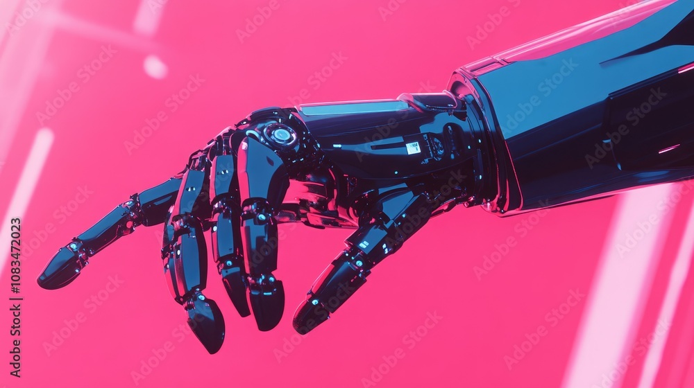 Poster futuristic robotic hand reaching out against vibrant neon background, showcasing advanced technology