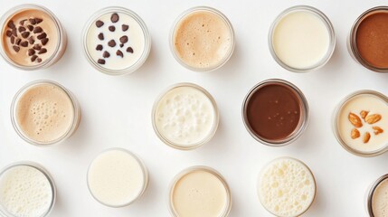 Top view of dairy and vegan milk options in diverse containers, displayed against a clean white backdrop