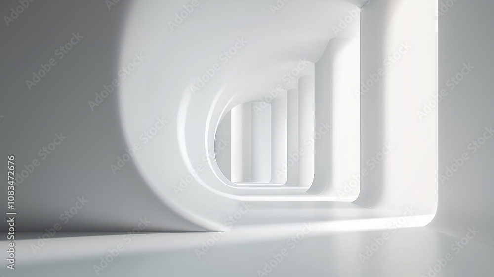Poster 3d render of an abstract white background with curved lines and light, in a minimalistic style