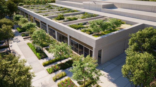 Modern architectural design of sustainable offices urban area visualization green environment aerial view eco-friendly concept