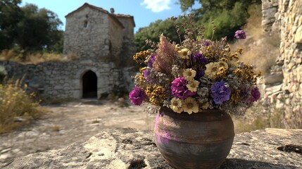 A rustic scene featuring a flower vase in front of an old stone building.
