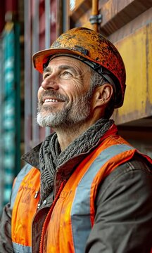 Positive Caucasian engineer in a safety gear standing near a shipping container port, chatting with a collaborator while looking at information on a computer