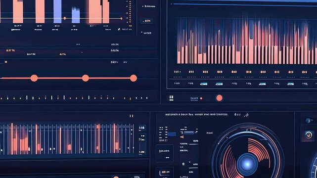Data Analysis Dashboard: Abstract futuristic digital dashboard with glowing blue and red data points. This high-tech screen displays a variety of charts and graphs.