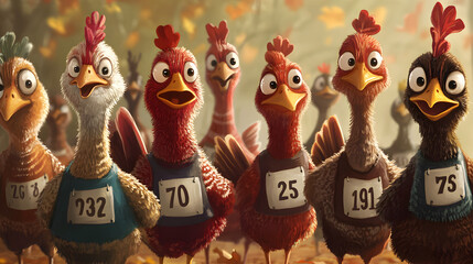 Colorful Cartoon Chickens in a Whimsical Race Setting, Featuring Eight Unique Characters with Numbers on Their Backs, Captivating Autumn Background with Falling Leaves