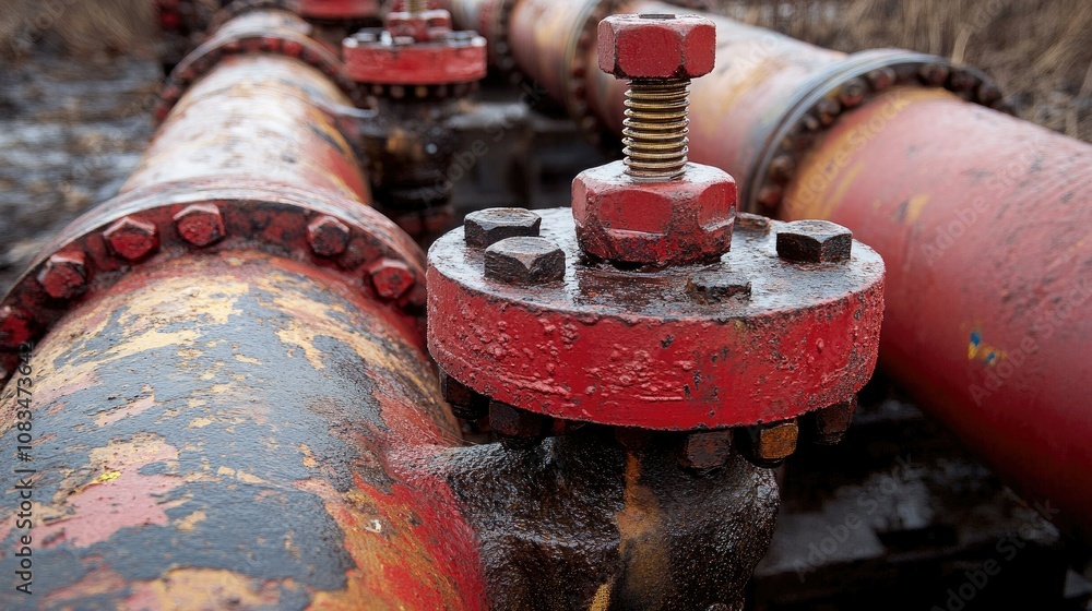 Poster close-up view of rusty industrial pipes with red valves and corroded surface in a deteriorating envi