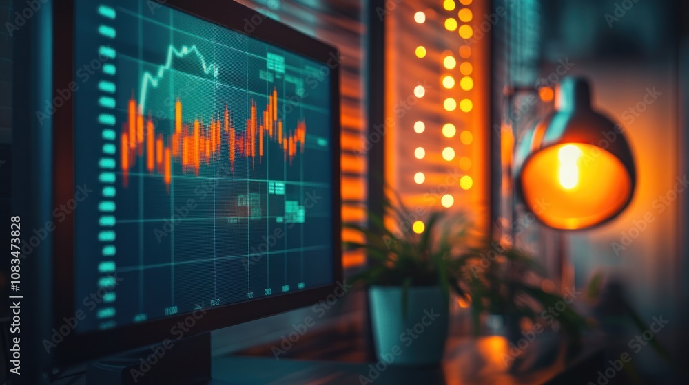 Poster a workspace featuring a computer displaying a financial chart with warm lighting.