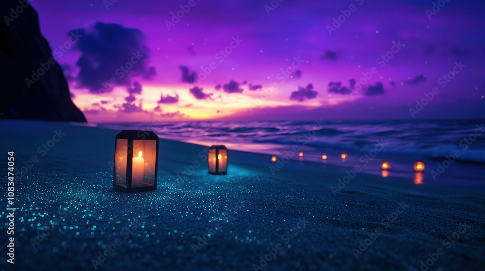 Poster serenity at dusk: glowing lanterns line a tranquil beach shore under a colorful twilight sky with ge