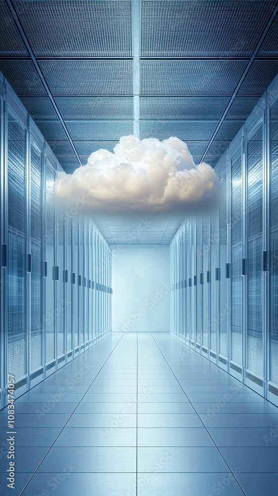 Poster a futuristic data center with rows of servers and a digital cloud hovering above, symbolizing cloud 