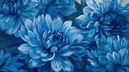 Obraz premium Exquisite Blue Floral Artwork Depicting Lush Chrysanthemums in Vivid Hues, Perfect for Home Decor, Print Media, and Artistic Inspirations