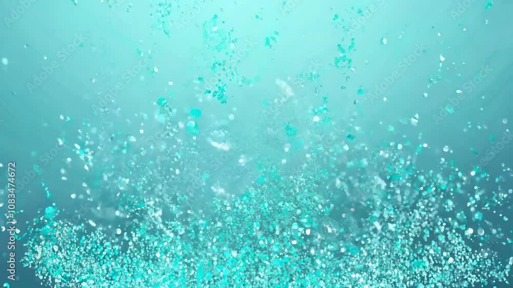 Poster camera tilts down, capturing a cool, refreshing explosion of aqua and teal. shimmering particles flo