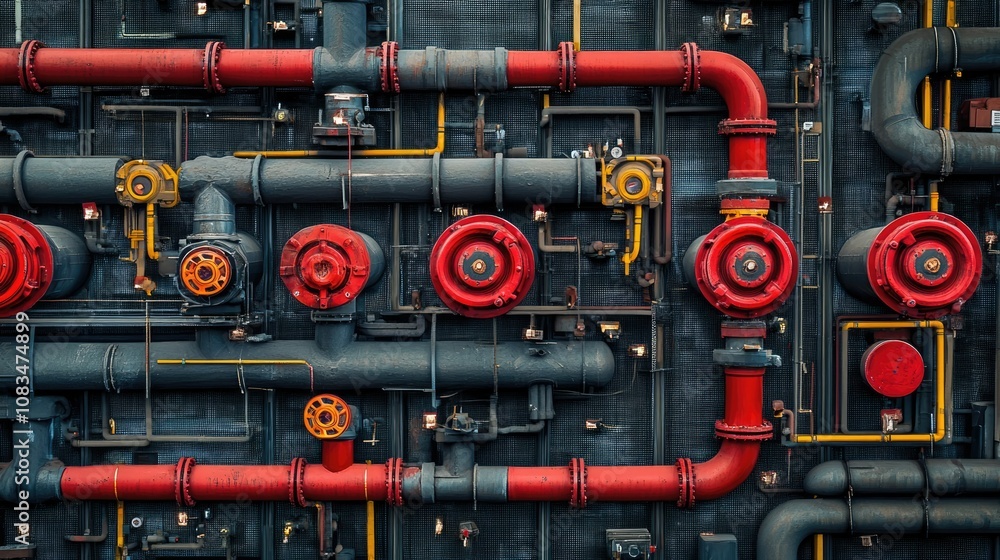 Poster industrial pipework system with red and yellow accents showing intricate network of plumbing and mec